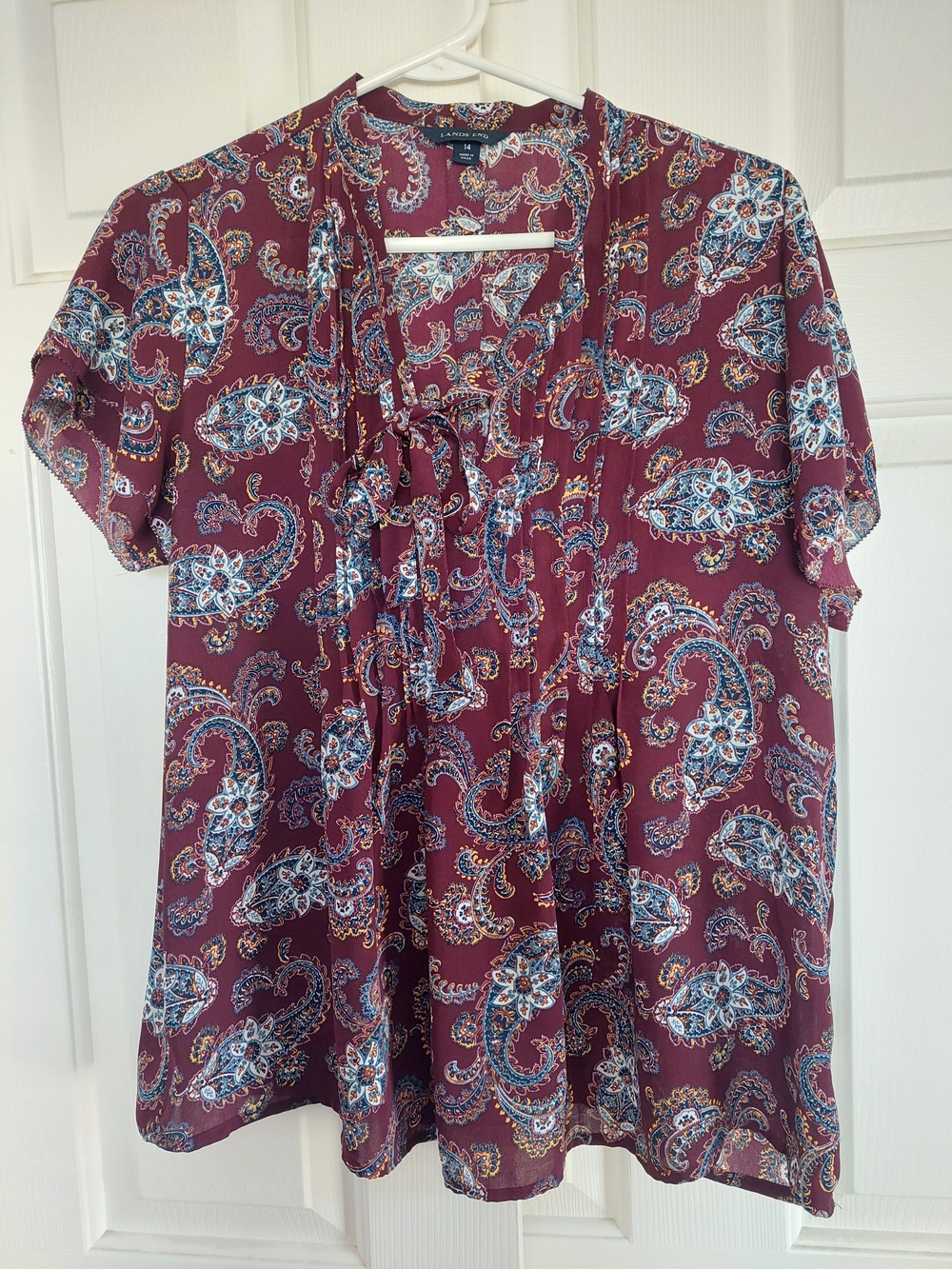 Lands' End Maroon Paisley Tie-Neck Blouse Size 14